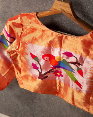 Orange Tissue Pure Paithani Blouse with Light Pink - Parrot Design