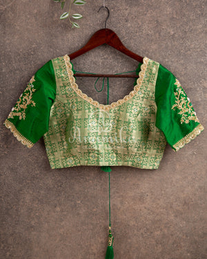 Green Pure Brocade & RawSilk Two Tone Blouse with hand embroidery