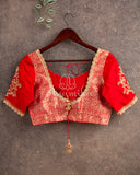 Red Pure Brocade & RawSilk Two Tone Blouse with hand embroidery