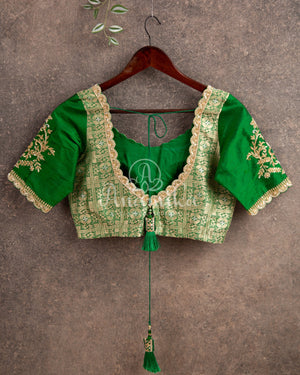 Green Pure Brocade & RawSilk Two Tone Blouse with hand embroidery