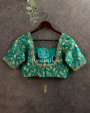 Sea Green Pure Banarasi Brocade Blouse with hand embroidery