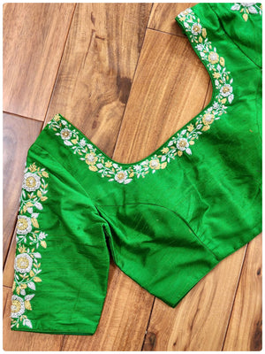 Beautiful Green blouse with silver and gold zardosi work