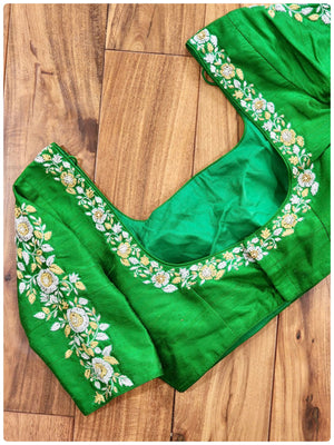 Beautiful Green blouse with silver and gold zardosi work