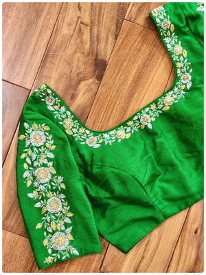 Beautiful Green blouse with silver and gold zardosi work