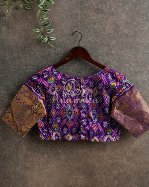 Teal Blue Twill Ikkat Saree with purple kanchi and patola borders