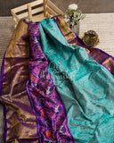 Teal Blue Twill Ikkat Saree with purple kanchi and patola borders