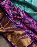 Teal Blue Twill Ikkat Saree with purple kanchi and patola borders
