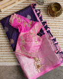 A grand Purple Gadwal Saree with Light baby pink Border