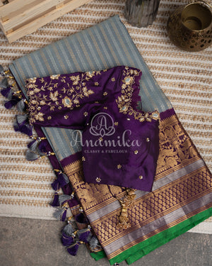 Royal Gadwal Pattu saree in a unique combination of grey/purple
