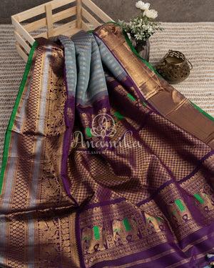 Royal Gadwal Pattu saree in a unique combination of grey/purple