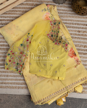 Lemon Yellow Floral Georgette Sequins saree with beautiful net sleeves blouse