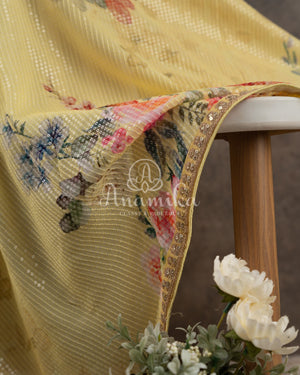 Lemon Yellow Floral Georgette Sequins saree with beautiful net sleeves blouse