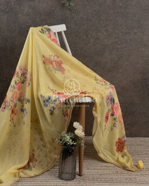 Lemon Yellow Floral Georgette Sequins saree with beautiful net sleeves blouse