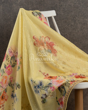 Lemon Yellow Floral Georgette Sequins saree with beautiful net sleeves blouse