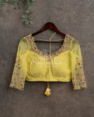 Lemon Yellow Floral Georgette Sequins saree with beautiful net sleeves blouse