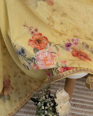Lemon Yellow Floral Georgette Sequins saree with beautiful net sleeves blouse