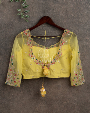 Lemon Yellow Floral Georgette Sequins saree with beautiful net sleeves blouse