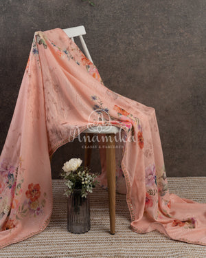 Peach Floral Georgette Sequins saree with beautiful net sleeves blouse