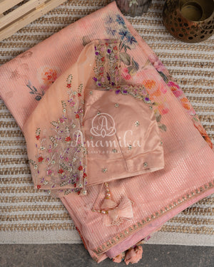 Peach Floral Georgette Sequins saree with beautiful net sleeves blouse