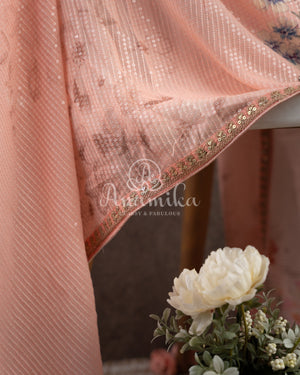 Peach Floral Georgette Sequins saree with beautiful net sleeves blouse