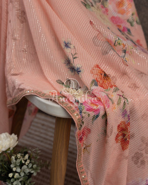 Peach Floral Georgette Sequins saree with beautiful net sleeves blouse