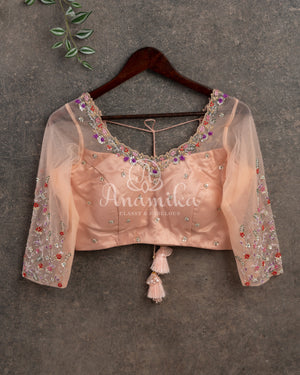 Peach Floral Georgette Sequins saree with beautiful net sleeves blouse