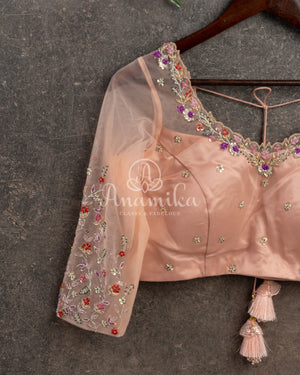 Peach Floral Georgette Sequins saree with beautiful net sleeves blouse