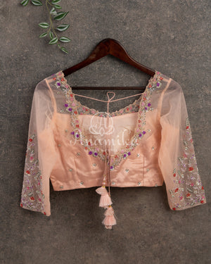 Peach Floral Georgette Sequins saree with beautiful net sleeves blouse