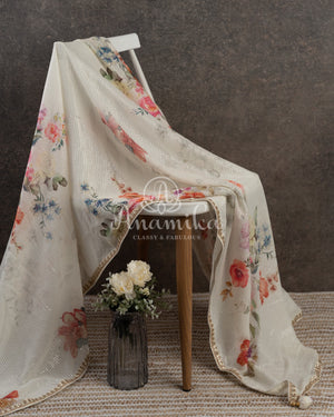 Off white Floral Georgette Sequins saree with beautiful net sleeves blouse