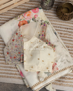 Off white Floral Georgette Sequins saree with beautiful net sleeves blouse