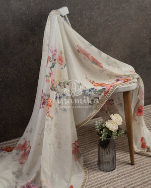 Off white Floral Georgette Sequins saree with beautiful net sleeves blouse