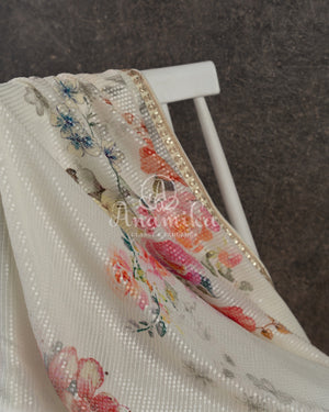 Off white Floral Georgette Sequins saree with beautiful net sleeves blouse