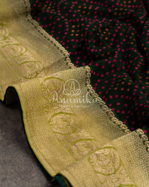 Forest Green Banarasi Georgette saree with contrast light green border