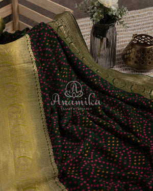 Forest Green Banarasi Georgette saree with contrast light green border