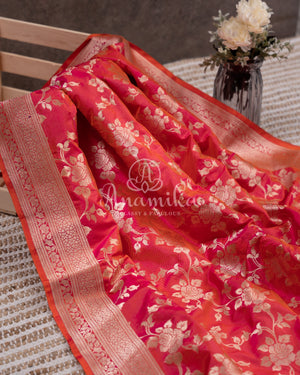 Tomato Pink banarasi silk saree with contrast purple work blouse