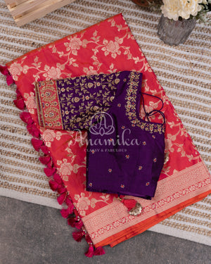 Tomato Pink banarasi silk saree with contrast purple work blouse