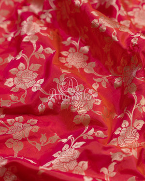 Tomato Pink banarasi silk saree with contrast purple work blouse