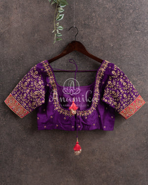 Tomato Pink banarasi silk saree with contrast purple work blouse