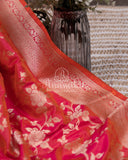 Tomato Pink banarasi silk saree with contrast purple work blouse
