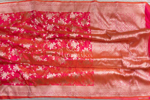 Tomato Pink banarasi silk saree with contrast purple work blouse