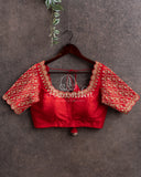 Red color blouse with gold zardosi embroidery and scallop work