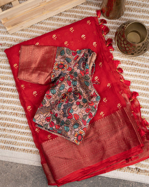 Red Silk Kota saree with a kalamkari silk blouse