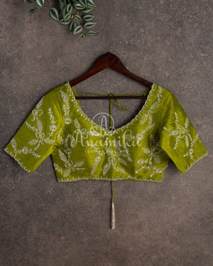 Shaded georgette saree in light blue and mehendi green shades