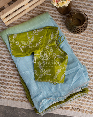 Shaded georgette saree in light blue and mehendi green shades