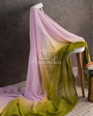 Shaded georgette saree in light pink and mehendi green shades
