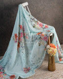 Pastel Blue Floral Georgette Sequins saree with beautiful net sleeves blouse