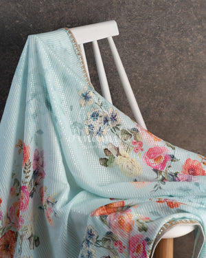 Pastel Blue Floral Georgette Sequins saree with beautiful net sleeves blouse