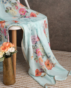 Pastel Blue Floral Georgette Sequins saree with beautiful net sleeves blouse