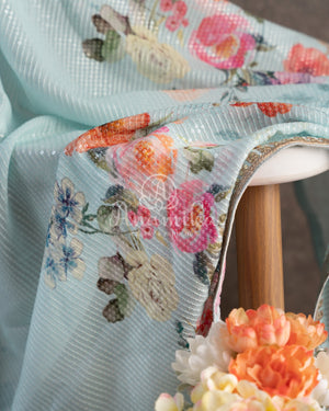 Pastel Blue Floral Georgette Sequins saree with beautiful net sleeves blouse