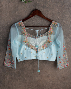 Pastel Blue Floral Georgette Sequins saree with beautiful net sleeves blouse